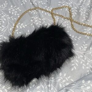 Elegant Black Faux Fur Clutch with Gold Chain
